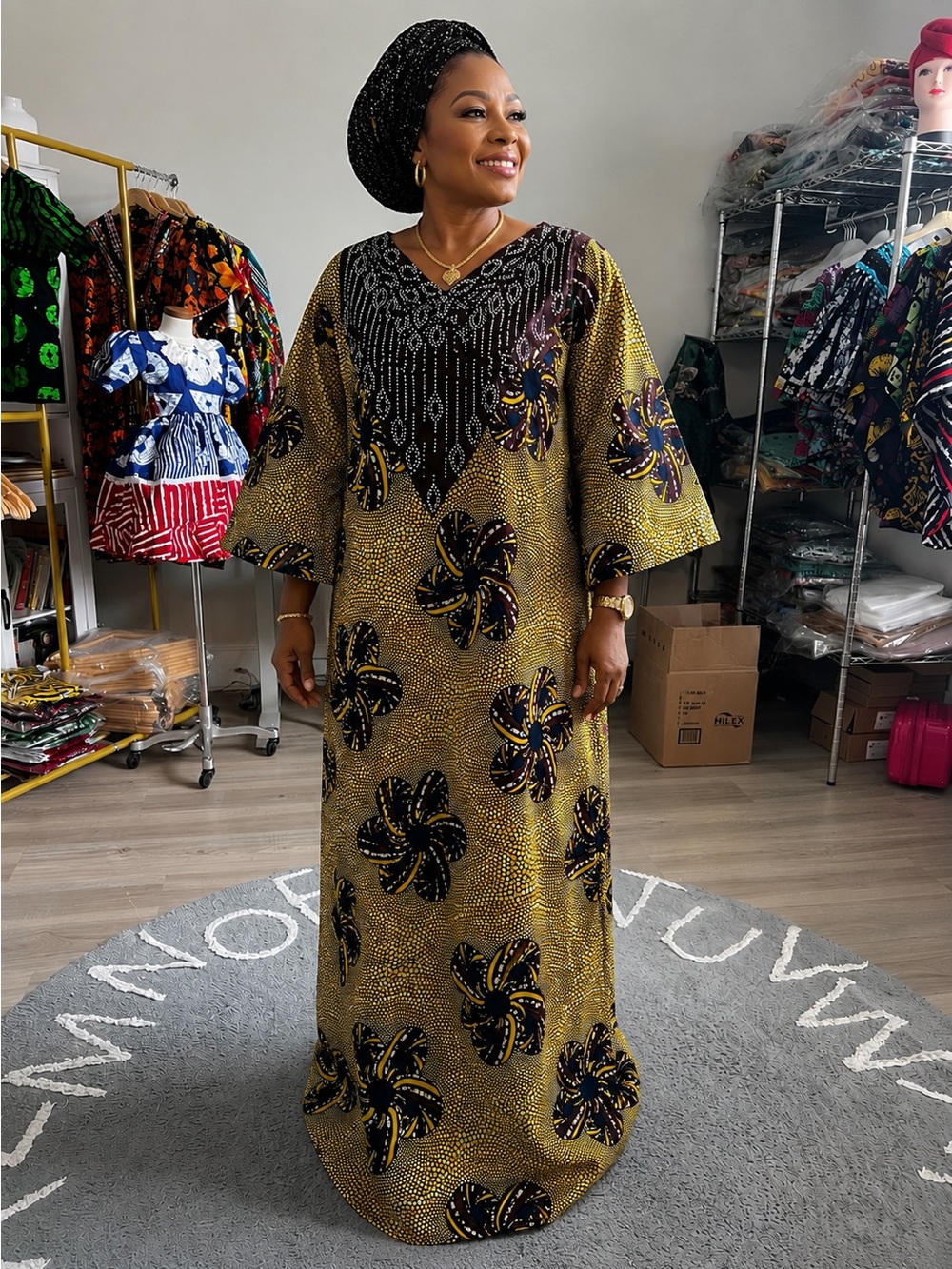 Elegant Brown African Print Maxi Dress with Black Accents